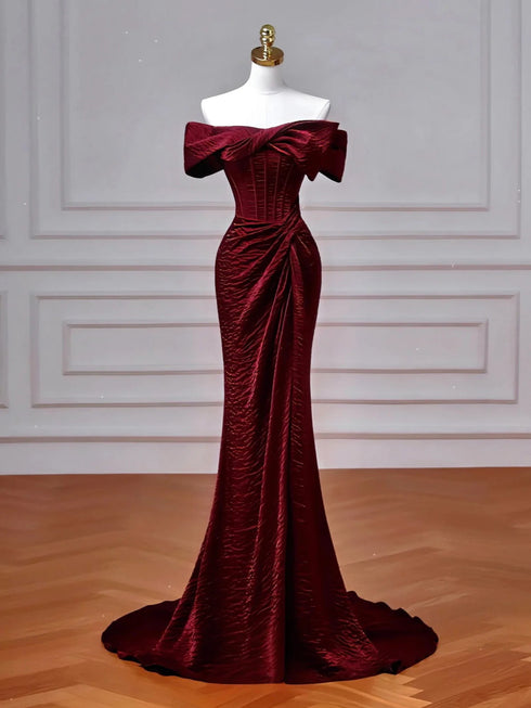 Wine Red Off Shoulder Mermaid Long Formal Dress, Wine Red Lace-up Evening Dress Prom Dress